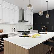 Calacatta Kitchen with Quartz Countertop and Backsplash and Laminate Cabinet Fronts