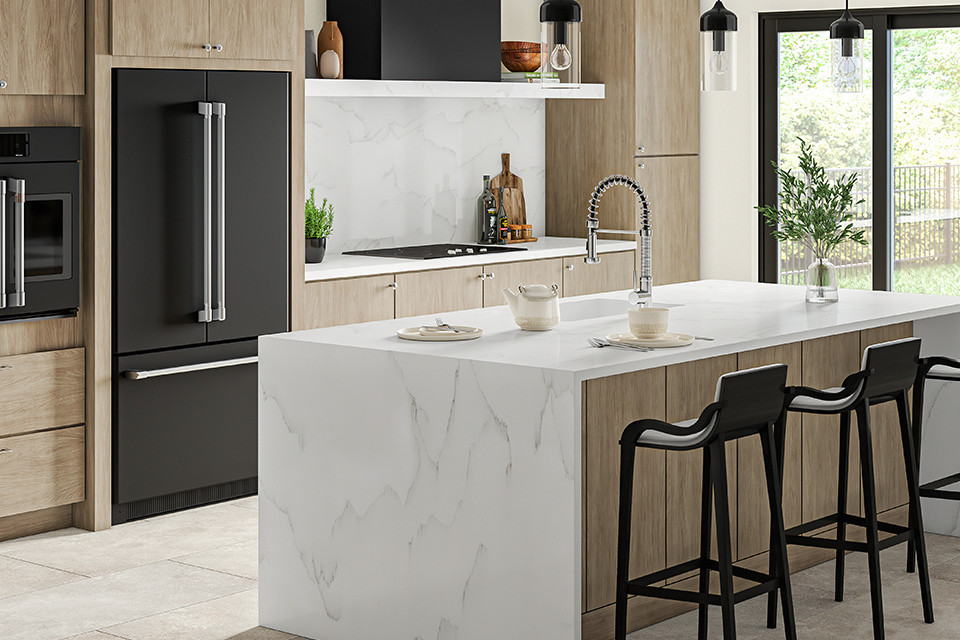 Modern Kitchen with Waterfall Island feat. Solid Surface
