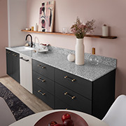 Terrazzo Breakfast Bar with Quartz Countertop and Laminate Cabinet Fronts