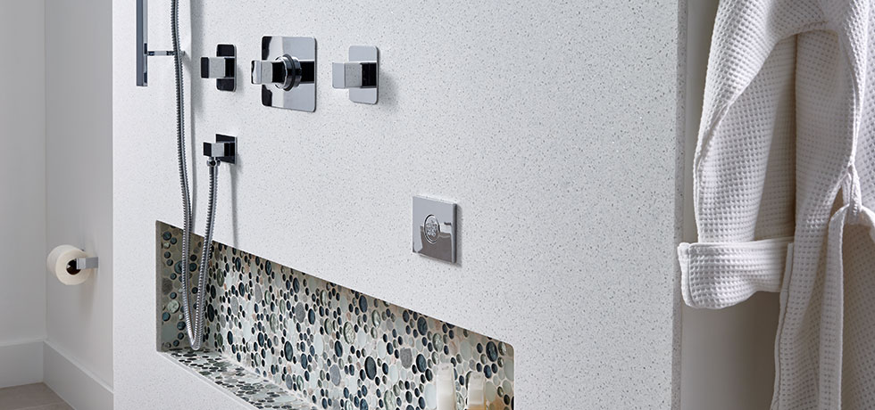 Large, Luxurious Walk-In Shower Detail | Solid Surface | Morning Ice
